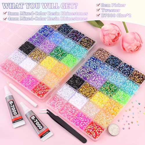 Image of 2 Boxes Jelly Rhinestones for Bedazzling, 36600Pcs 3mm & 4mm Multicolor Flatback Resin Gems for Crafting, Bedazzler Kit with 2Pcs 10ml B7000 Jewelry Glue for DIY Crafts Book Fabric Decor Nail Art