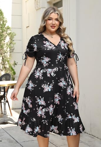 Image of Keluummi Plus Size Summer Wedding Guest Midi Dresses for Curvy Women, Floral V Neck Party Sundress