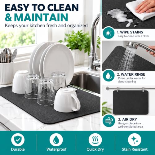 Image of Dish Drying Mat for Kitchen, 40 x 60 cm Large Water Absorbing Mat