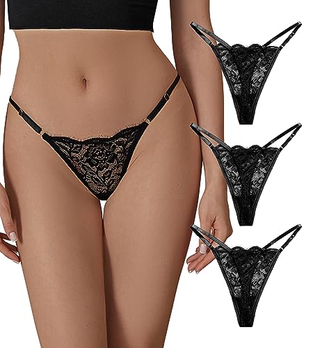 Image of SHARICCA Lace G-String Thongs for Women Adjustable Sexy Low Rise Underwear Breathable T-back Thongs Panties 3 Pack