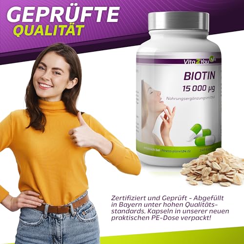 Vita2You Biotin 15.000 mcg (Vitamin B7) 240 Kapseln - Hochdosiert mit 15mg - Für Haut und Haare - Premium Qualität - Made in Germany