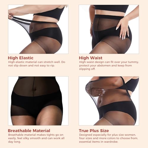 Buauty Plus Size Sheer Tights for Women, 20D High Waist Black Pantyhose Stockings for women Control Top Resistant(1 pair3
