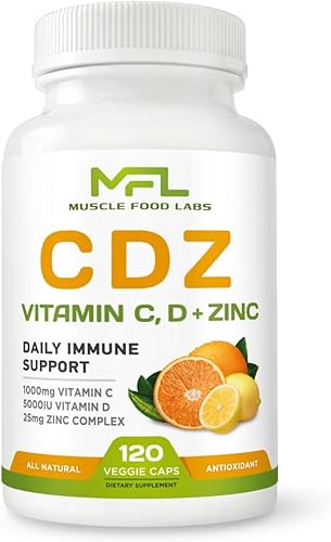 C D Z | Vitamina C, 1000 mg | Vitamina D3, 125 mcg | Zinc, 25 mg | Sin OMG y sin gluten | 120 cápsulas vegetarianas | 120 porciones