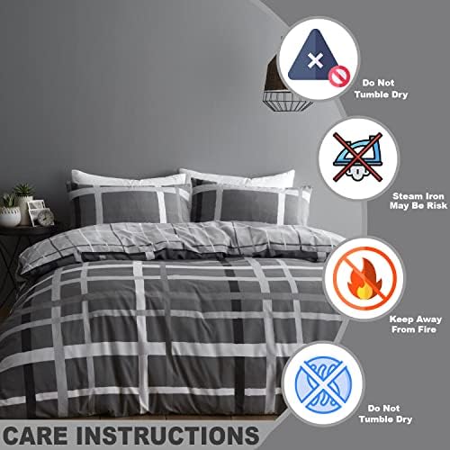 Lions 3 Piece Double Duvet Cover Set 200x200cm - Grey Checked Bedding With Matching Pillowcase, Ultra Soft Poly Cotton Bed Linen, Modern Reversible Plaid Quilt Covers, Silver