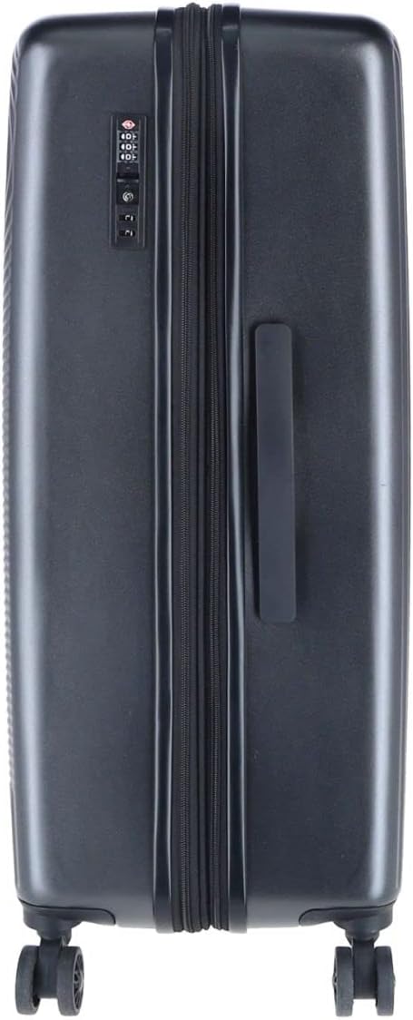 Side view of the luggage, clearly showing the main zipper and the additional expansion zipper.