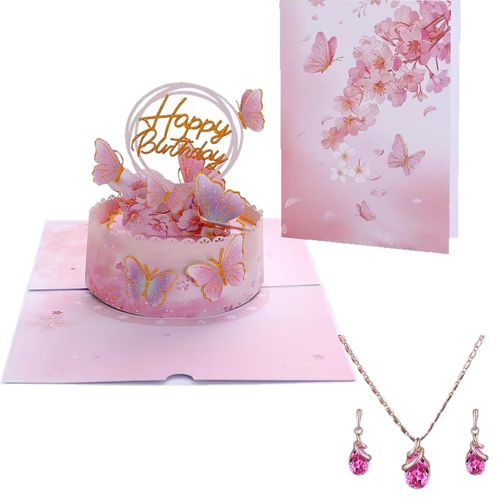 Butterfly Birthday Cake Pop-Up Card – 3D Cherry Blossom & Butterfly Design Pearlized Envelope Greeting Card with Fashion Jewelry Set for Womens Birthday