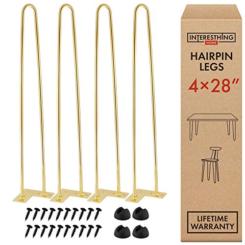 Interesthing Home Hairpin Legs for Dining and End Tables, Chairs and Rubber Floor Protectors, 28 Inches, Gold