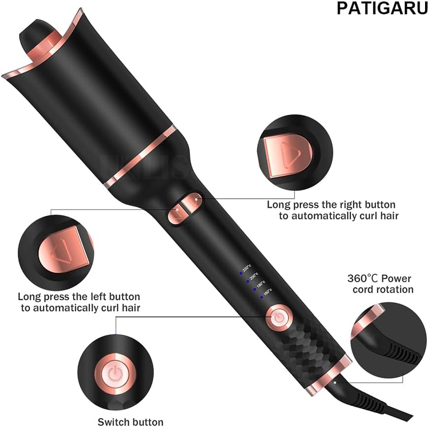 PATIGARU Automatic Rotating Curling Iron, Safe Anti-Scald Curling Wand, Lazy Portable Waves Hair Curler, Frizz-Free, Lasting Curling Wand for Long Short Hair, Ceramics Hair Crimper