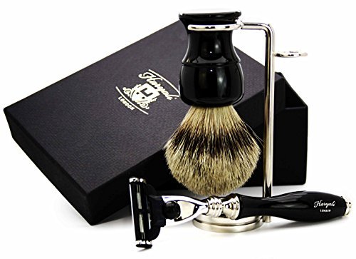 Haryali London Mens Shaving Kit 3 Edge Razor with Silver Tip Badger Hair Shaving Brush and Stainless Steel Stand Perfect Set for Men