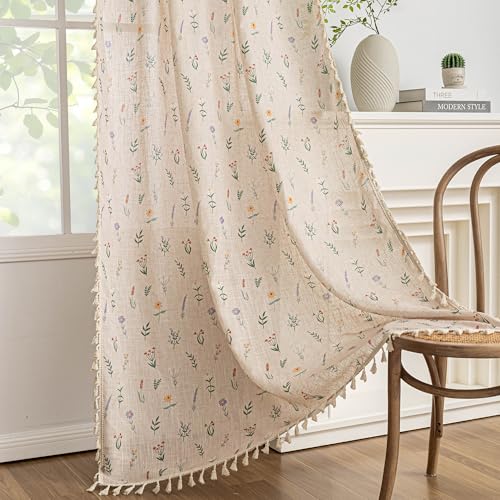 Image of MYSKY HOME Floral Boho Semi Sheer Linen Blend Farmhouse Curtains 84 Inches Long 2 Panels Set Cute Flower Printed Drapes with Tassels Back Tab Rod Pocket for Living Room Bedroom, 50 inch Wide, Dusty Pink