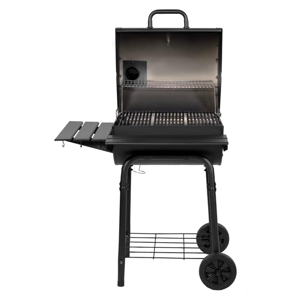 Char-Griller Wrangler 2823 grill na węgiel drzewny w kolorze czarnym z drewnianymi półkami
