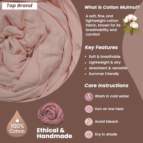 Image of Plain Mulmul Soft Cotton Fabric | Lightweight Breathable Mulmul Cloth | Super Quality Natural Cotton Fabric for Kurta, Dress, Dupatta, Lining & Craft Use (English Rose, 2.5 Meters)