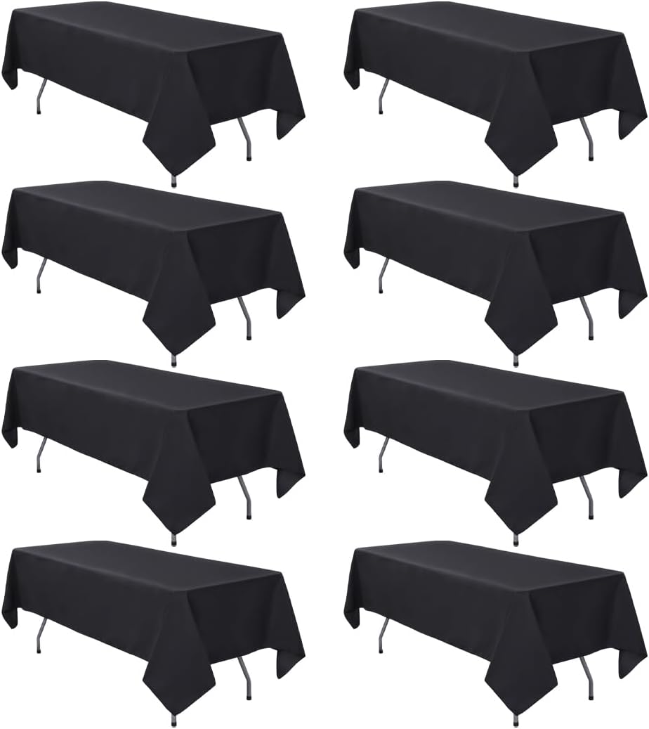 8 Pack Black Tablecloth 60 x 102 Inch Polyester Table Cloth for 6 Foot Rectangle Tables, Wrinkle Resistant Washable Decorative Fabric Table Covers for Wedding Party Banquet Buffet and Camping Black 8 Pack - 60 x 102 Inch