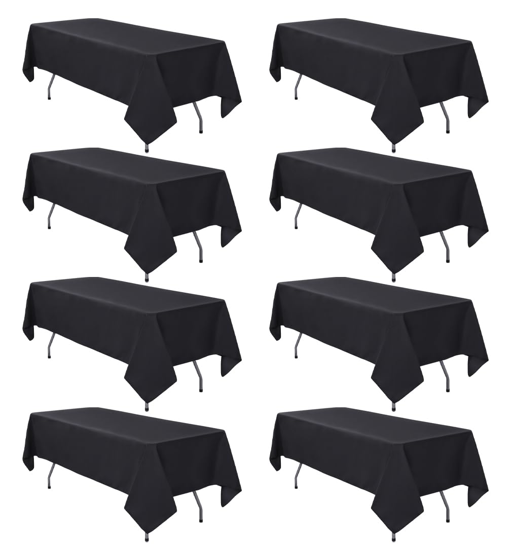 8 Pack Black Tablecloth 60 x 102 Inch Polyester Table Cloth for 6 Foot Rectangle Tables, Wrinkle Resistant Washable Decorative Fabric Table Covers for Wedding Party Banquet Buffet and Camping