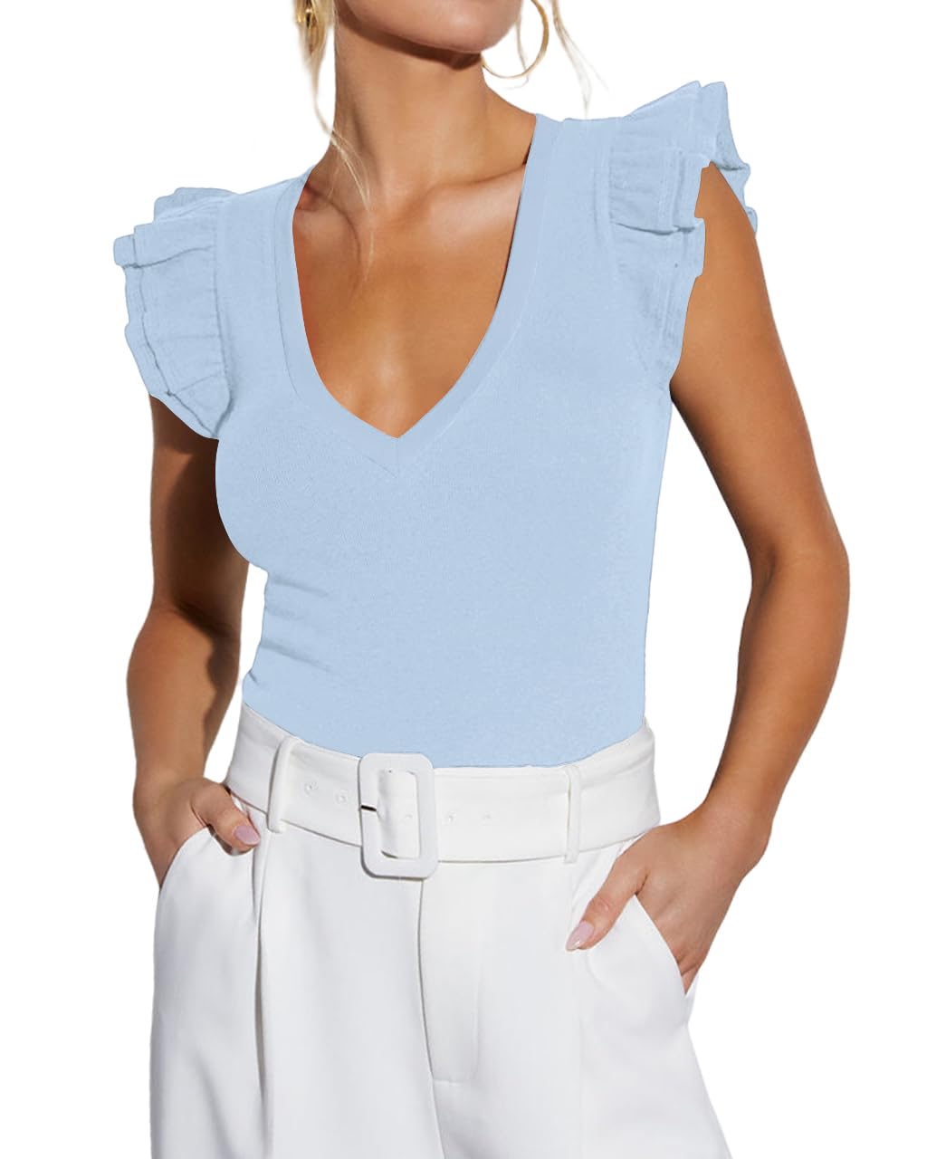 Women's Summer Sleeveless Tops V Neck Ruffle Shirts Knit Ribbed Tank Top Sexy Blouse