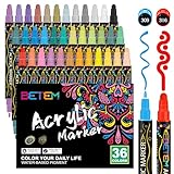 Betem 36 Colors Dual Tip Acrylic Paint Pens Markers, Premium Acrylic Paint Pens for Wood, Canvas, Stone, Rock Painting, Glass, Ceramic Surfaces, DIY Crafts Making Art Supplies
