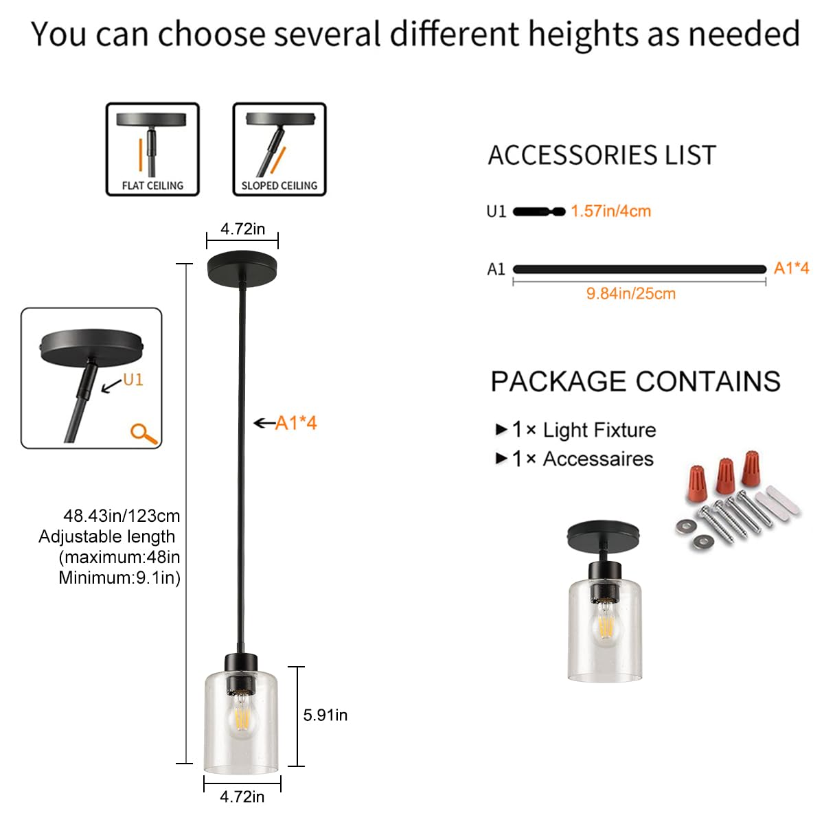 KLSS Modern Black Farmhouse Water Glass Cylinder Pendant Light Fixture,Mini Pendant Lighting for Kitchen Island Decor - 40 in, Slopped Stem Rod.(3 Pack)