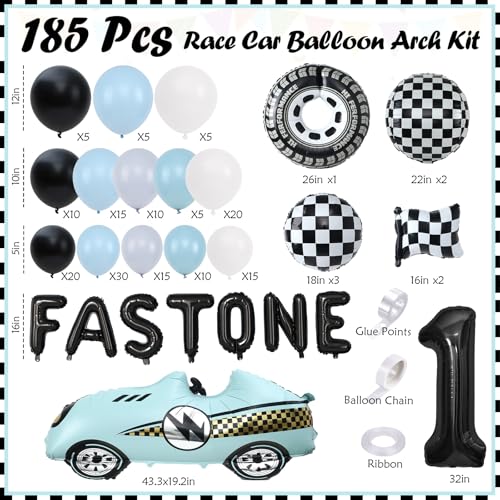 SNLN 185 Pcs Fast One Birthday Decorations for Boys, Blue Black Race Car Balloon Arch Kit with 3D Racing Car,Number 1, Fast One, Tire, Flag, Checkered Foil Balloons for 1st Cars Birthday Decorations by SNLN - Used condition - Image 2