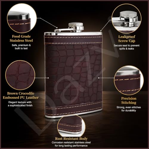 Image of Hip Flask for Men & Women 8oz Stainless Steel (236ml) - Whisky Flask Vodka Alcoholic Liquor Holder with Funnel Drinks Pocket Carrying Case - Leakproof Travel Flasks for Drinks, (Brown Leather)