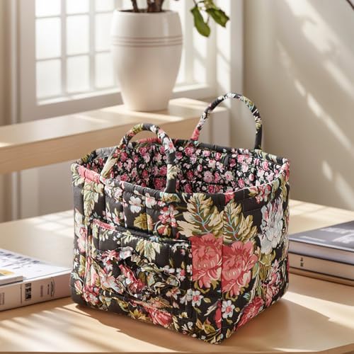 Image of Quilted Fabric Basket Foldable Car Storage Boho Floral Laundry Basket Hamper for Nursery Bedroom & Living Room | Organize Clothes Toys