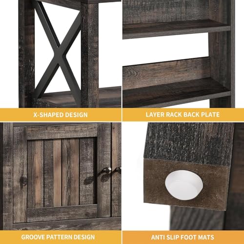 DWVO Baker Rack with Power Outlet and Storage, Farmhouse Microwave Stand with Door for Kitchen, 5-Tiers Tall Coffee Bar Station Cabinet Thickened Counter with Hutch Shelves, Black Oak