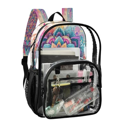 Watercolor Mandala Flower Clear Backpack Heavy Duty See Through Transparent PVC BookBag for Kids Boy Girl School Work2