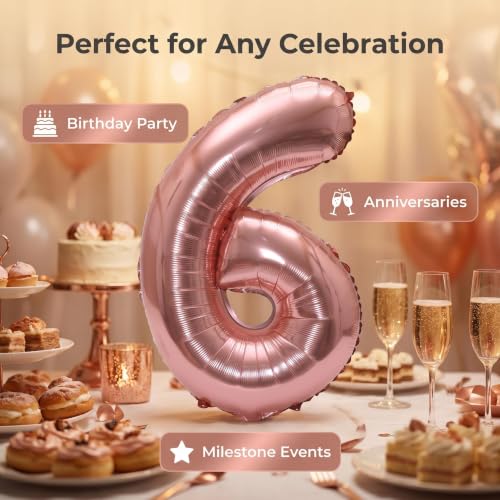 Image of YPSelected 32 Inch Large Foil Helium Number Balloon Birthday Wedding Party 0-9 (Rose Gold, 6)