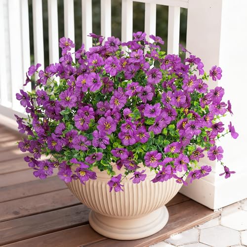 Image of Bassion 24 Bundles Artificial Flowers for Outdoors Fake Flowers, Purple | UV resistant, silk flowers, realistic faux plants for outdoor planter, window box porch patio garden home outside decor