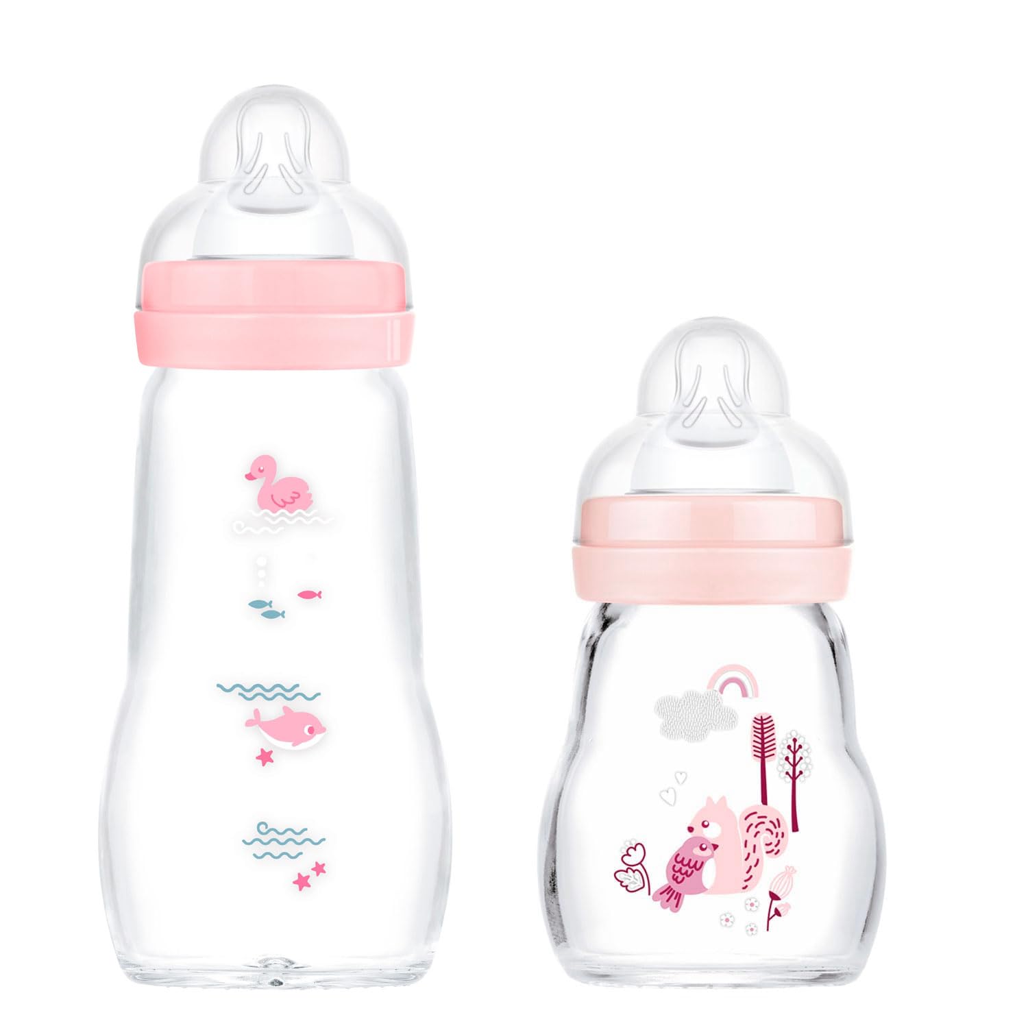 MAM Feel Good Set di 2 biberon in vetro (170 ml e 260 ml), con 1 tettarella a flusso lento per neonato, rosa