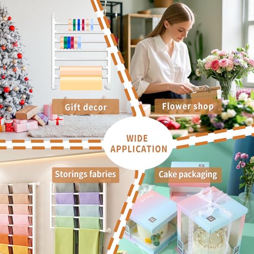Image of Ribbon Storage Organizer,Wall Mounted Ribbon Holder Rack,7 Tier Large Capacity Metal Ribbon Storage for Craft Room,Flower Shop,Cake Shop,Gift Wrapping Paper,White