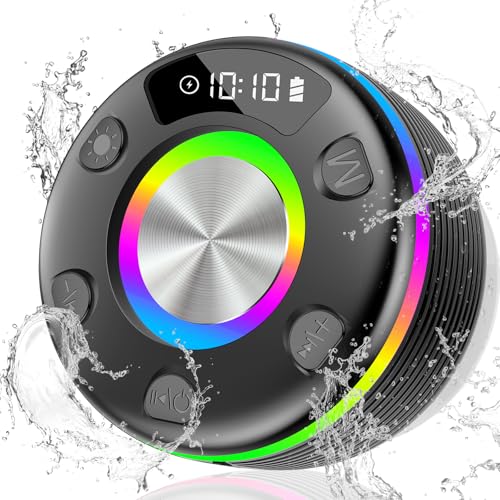 Enceinte Douche Bluetooth 5.3, Enceinte Bluetooth avec son stéréo HD à 360 °, Etanche IP7 Haut Parleur Bluetooth avec Appel Bluetooth, lumières RVB/Ventouses, Adapté pour Les Fêtes/Plein Air/Voyage