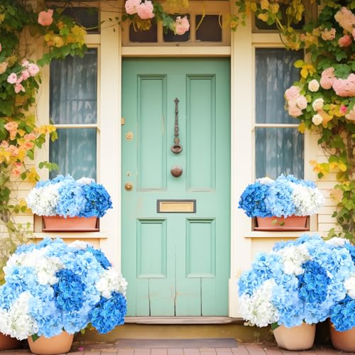 Image of Suncalla Blue and White 6 Bundles Hydrangea Artificial Flowers Bulk 30 Heads 20'' Faux Fake Hydrangea for Spring Graves Easter Decor Porch Indoor Outdoor Home Garden Wedding Table Centerpieces