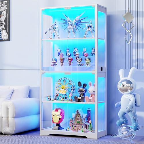 BROTTAR Display Cabinet with Glass Doors, 4-Tier Curio Cabinet with 3 Color Lights for Collectibles, Glass Display Case with Human Body Sensor, Bookcase with 4 Shelves, Storage Cabinets, White