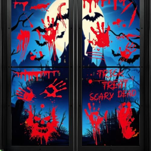 Halloween Window Stickers Decorations Fake Bloody Handprint Footprint Stickers 9 Sheets Window Clings Decals Window Bathroom Floor Decorations Halloween Party Decor