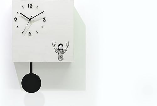 Modern Cuckoo Bird Time Box Clock - White Chalk Laser Engrave - Wall Mount Pendulum Clock - Deer Head - Forest Animal - Cabin Decor - Antler (Deer