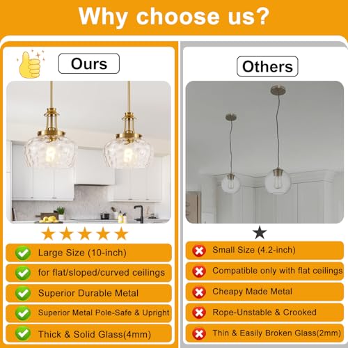 Image of Modern Pendant Lights Kitchen Island, Brushed Gold Pendant Light Fixtures with 10 inch Clear Hammered Glass Shade, Industrial Hanging Pendant Lights Fixture for Kitchen Island Dining Room Bedroom Entryway