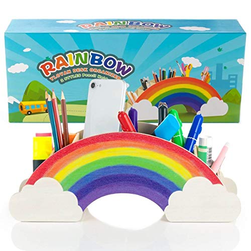 Rainbow Pen Holder Pencil Caddy, Wooden Desk Organizer for Kids Art Supply with Gift Box, School Desktop Decor for Marker Crayon, Office Supplies Stationary Organization Rainbow Accessories for Makeup