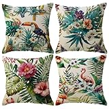 ULOVE LOVE YOURSELF Home Decorative Throw Pillow Covers Flamingo Pattern&Tropical Flower Leaves Cotton Linen Cushion Covers 18 X 18 Inch,4 Pack (Flamingo-1)