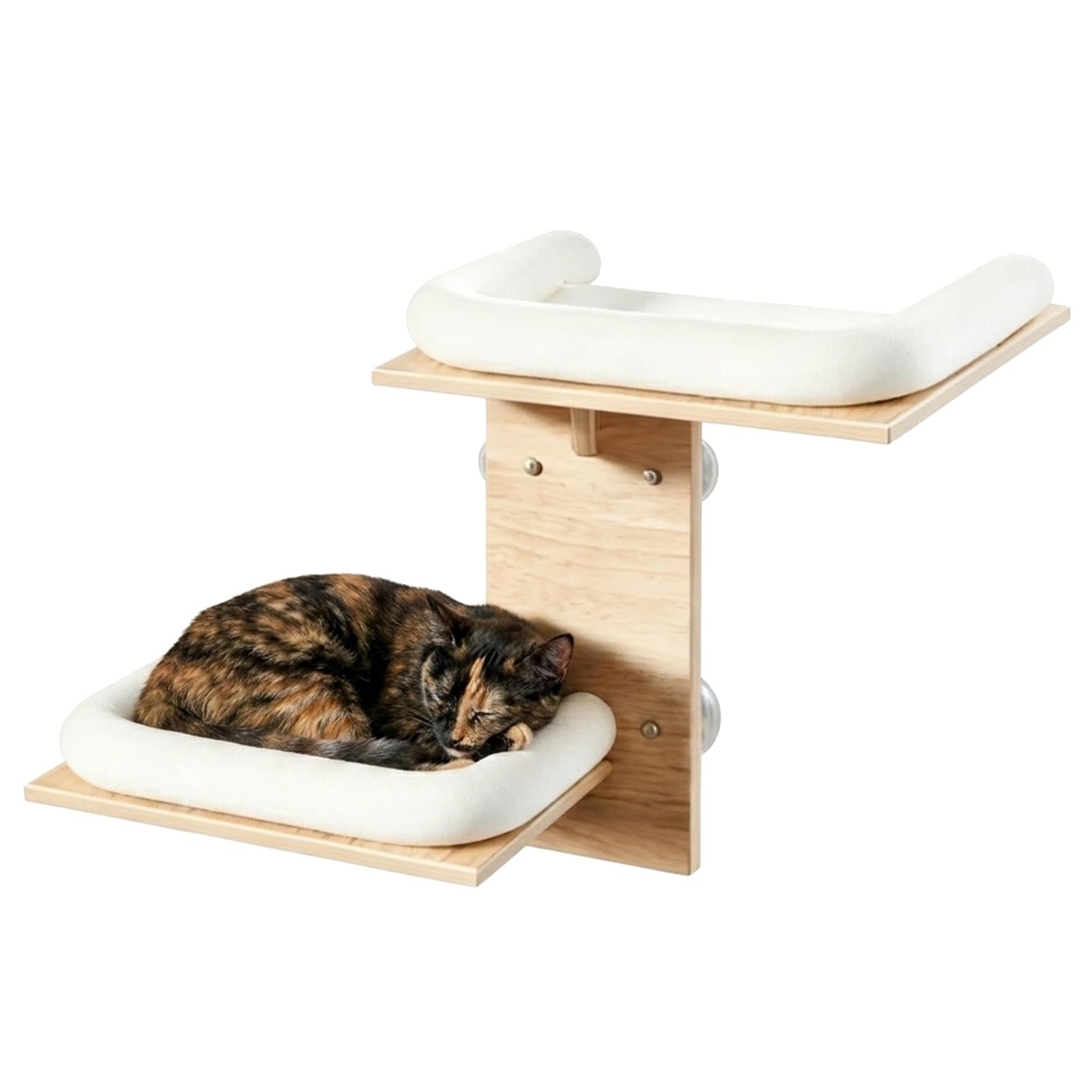 Mensole per Gatti con 4 Robuste Ventose, Legno Massello Mensole da Parete per Gatti, con Morbido Cuscino, Adatta a Pareti Lisce o in Vetro
