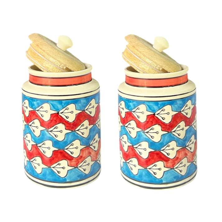 Image of Airtight Ceramic Jars (Pack of 2) - 900ml Each - Wooden Lid - Kitchen Containers for Sugar, Tea, Salt, Pickles, Pulses & More