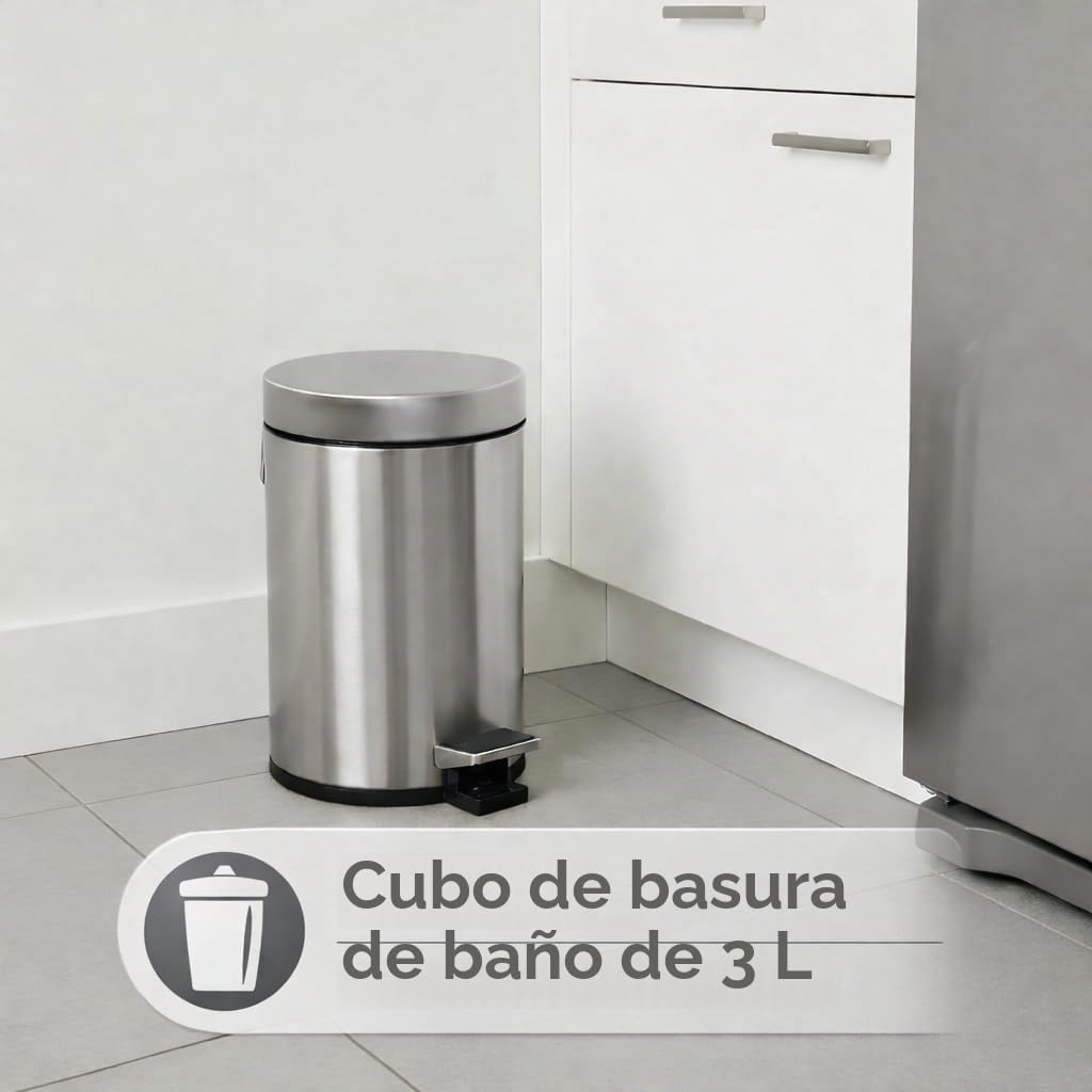 axentia Cubo de basura de acero inoxidable mate cepillado y resistente al óxido, cubo de basura de 3 L con tapa, cubo de basura con pedal para baño y inodoro, color plateado y negro, 17 x 17 x 25 cm