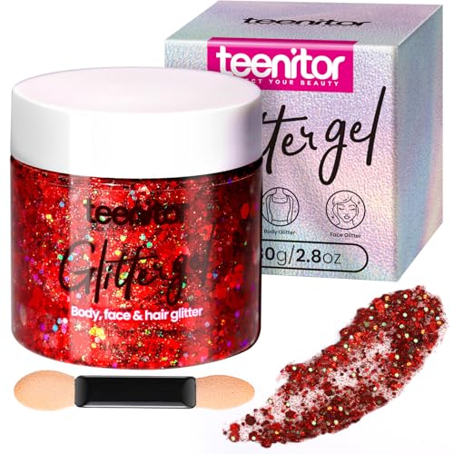 Teenitor Body Glitter, Red Body Glitter Gel, Hair Glitter, Face Glitter, 80g/2.8oz Red Glitter Gel...