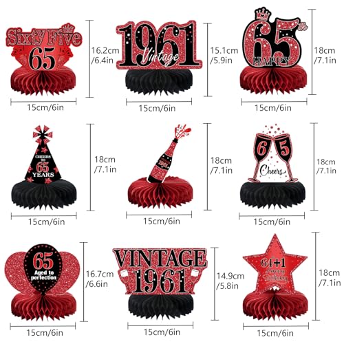 Image of 9Pcs 65th Birthday Decorations Red and Black 65th Birthday Party Decorations for Women,Happy 65 Years Vintage 1961 Aged Honeycomb Centerpieces Table Sign Decor Supplies