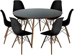 Conjunto de Mesa de Jantar Eames Eiffel Redonda 110cm Tampo de Madeira Preto com 6 Cadeiras Pretas