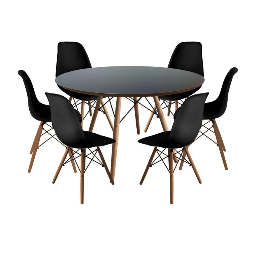 Conjunto de Mesa de Jantar Eames Eiffel Redonda 110cm Tampo de Madeira Preto com 6 Cadeiras Pretas