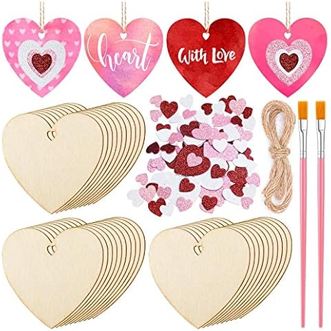 HLARTNET 30 Pcs 3" Wooden Heart Slices Ornaments - Valentines Day Crafts DIY Wood Heart Cutout Hanging Decor with Glitter Heart Foam Sticker for Home Decorations, Valentine's Day Gifts for Kids Cover