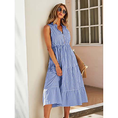 Image of BROVAVE Womens 2026 Summer Sleeveless Shirt Dress Collar Striped V Neck Casual Midi Dresses