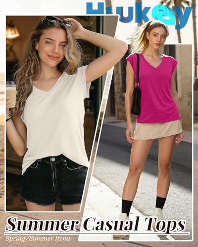 Image of Huukeay 3 Pack Women's V Neck Cap Sleeve T Shirts | Short Sleeve Basic Tees, Loose Fit Soft Tops for Women, Casual Lightweight Shirts, Everyday Summer Clothes