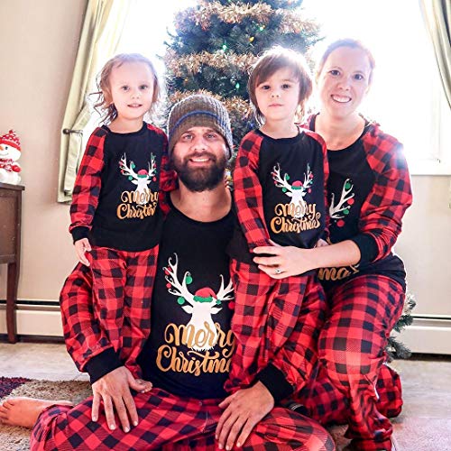 Image of IFFEI Matching Family Pajamas Sets Christmas PJ's with Letter and Plaid Printed Long Sleeve Tee and Bottom Loungewear