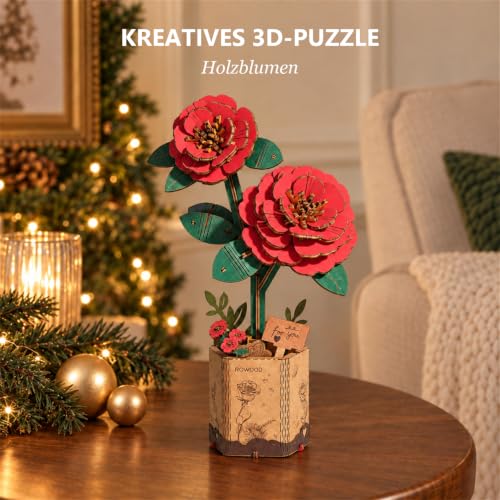 rowood Künstliche Blume Rote Kamelie, 3D Holzpuzzle DIY Modellbausatz – Ansicht 2
